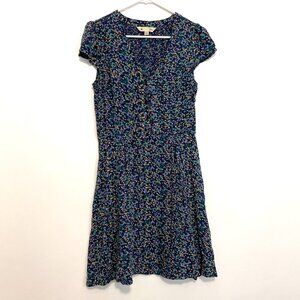 YUMI Navy Blue Teal Floral Short Sleeve Babydoll Fit Flare Dress UK 12 US 6 / 8